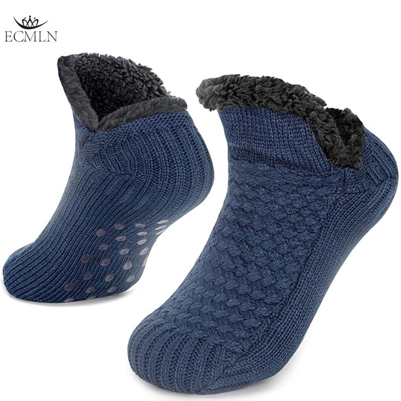 

Зимние пушистые носки-тапочки для кровати для женщин и мужчин, нескользящие вязаные носки-тапочки с толстой подкладкой, уютные 24cm синий