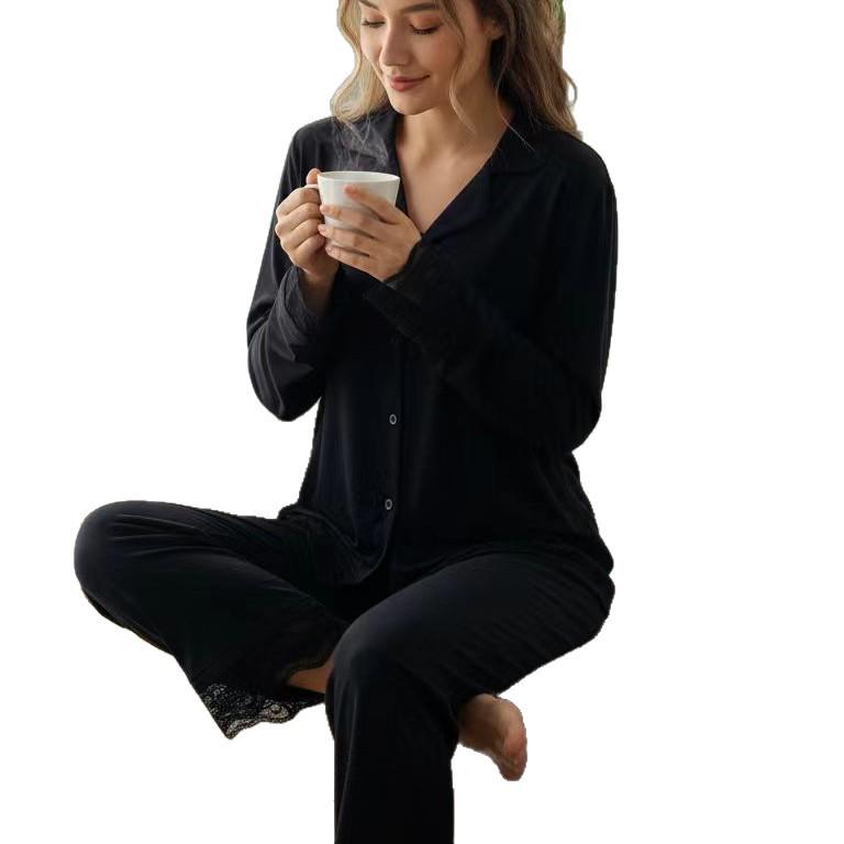 Modal Flower Long-Sleeve Pajama Set - Women's Two-Piece Solid Color Loungewear