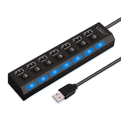 Adaptador HUB USB 2.0 de 7 puertos de alta velocidad, extensor múltiple, divisor USB con interruptor de lámpara LED para PC y portátil