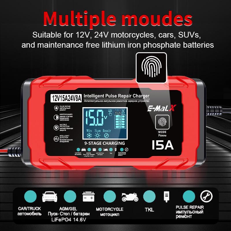 12V/24V Pulse Charger: 14.6V15A LiFePO4 Battery Charger for Motorcycles & Cars