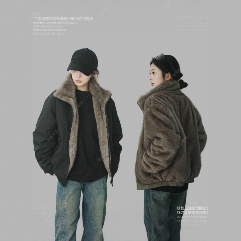 Reversible Warm Thickened Stand Collar Cotton Jacket Men Women Loose Fit Winter Outerwear In Black Gray Khaki