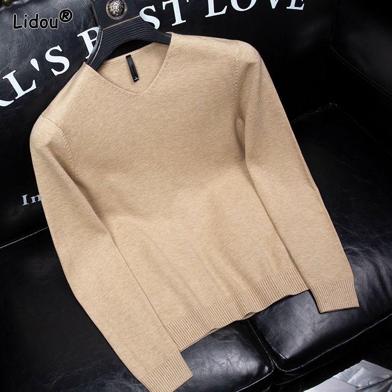 Men's Autumn and Winter Pullover V-neck Spliced Sweater Knitted Solid Color Fashion Commuter Versatile Long Sleeved Tops