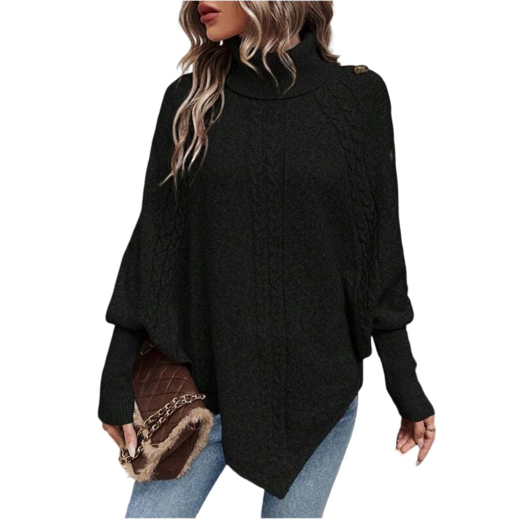 Women's Fashion Casual Cable Knit Turtleneck Button-Decorated Long Sleeve Sweater