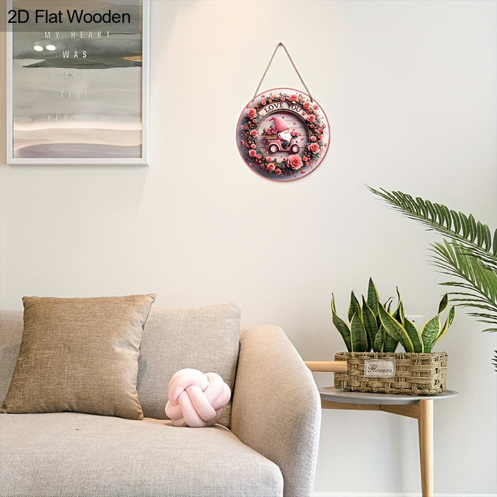 Love You Pink Gnome Rose Wreath Round Wooden Hanging Sign, 2D Flat Printed Valentine Wall Door Ornament, Romantic Home Decor Gift