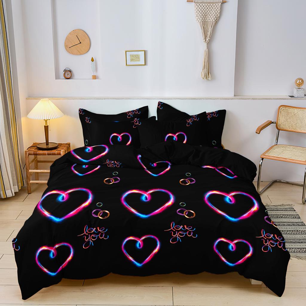 3pcs Set Valentine'S Day Romantic Couple 3d Heart Design Duvet Cover Set, Featuring Abstract Patterns Suitable For All Seasons
