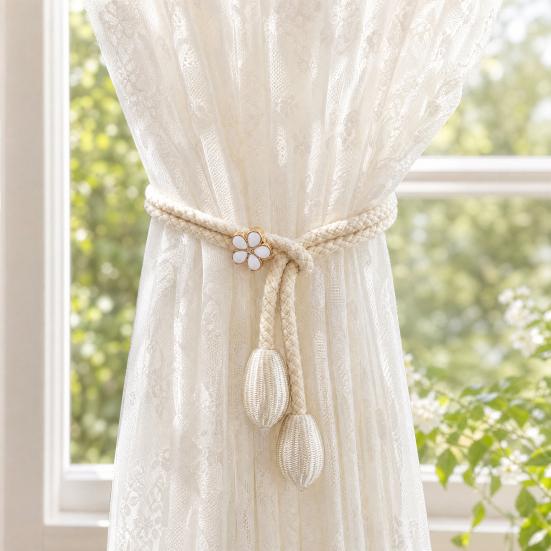 2Pcs Adjustable Curtain Tiebacks, Curtain Ties with Flower Slides, Cute Charms, Boho Curtain Holder Ropes for Home Bedroom Curtains Patio Drapes
