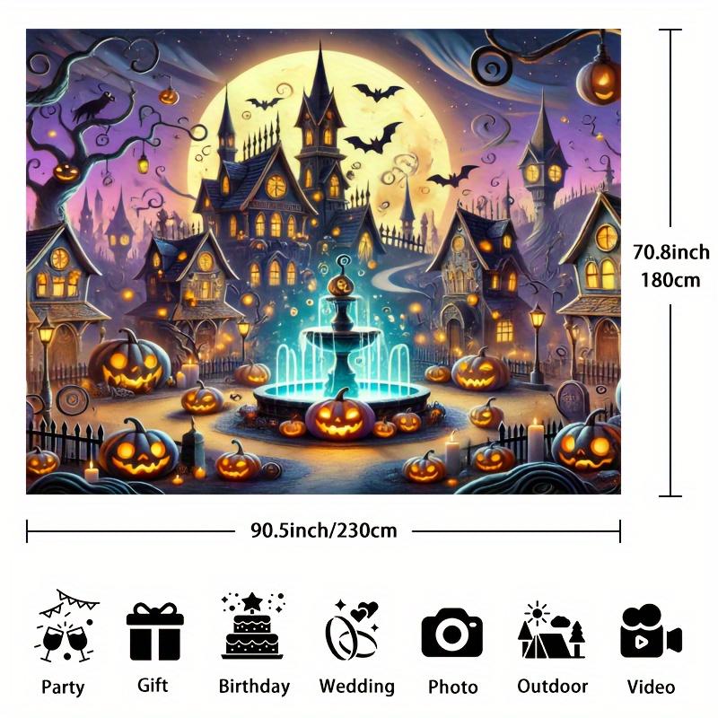A Halloween Town Photography Background Mysterious Gothic Architecture and Glowing Pumpkins Full Moon