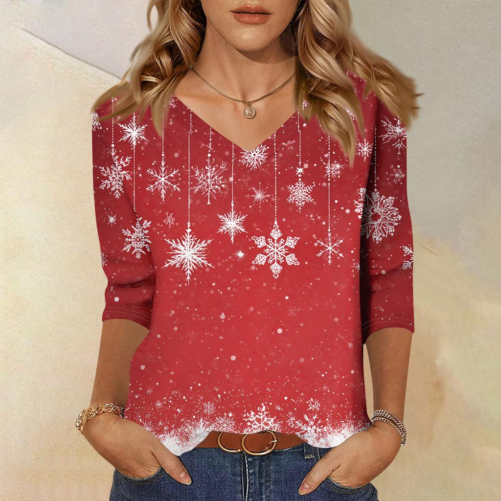 3/4 Sleeve Shirts For Women Print Christmas Tees Blouses Casual Plus Size Basic Tops Pullover