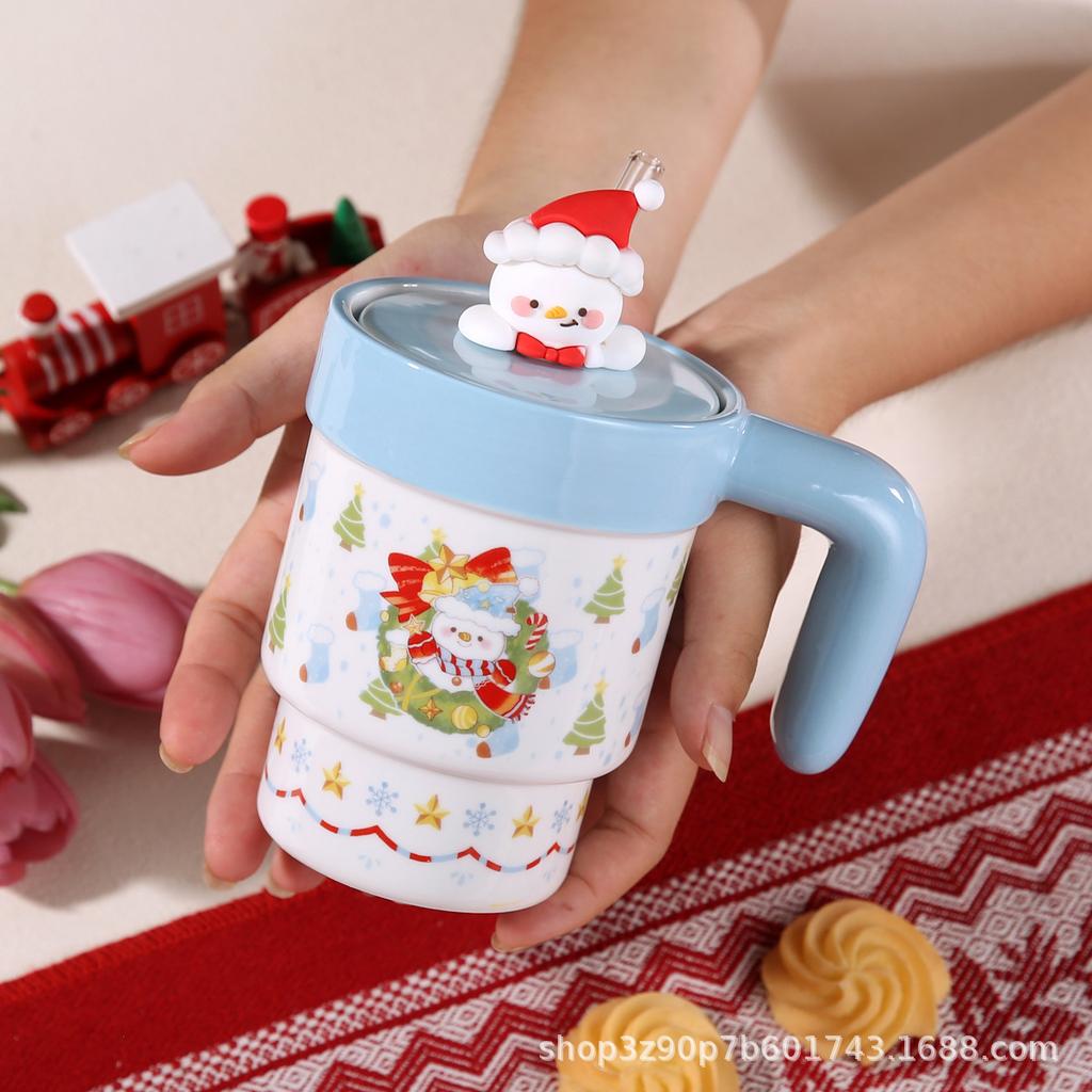 Large Capacity Straw Mug with Lid Christmas Gift Cartoon Ceramic Cup College Student Holiday Souvenir Creative Water Cup