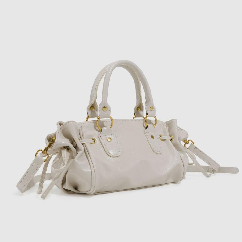 Rivet Oil Wax Leather Handbag, Fashionable Drawstring Bow, Single Shoulder Crossbody Bag, Pleated Women's Bag