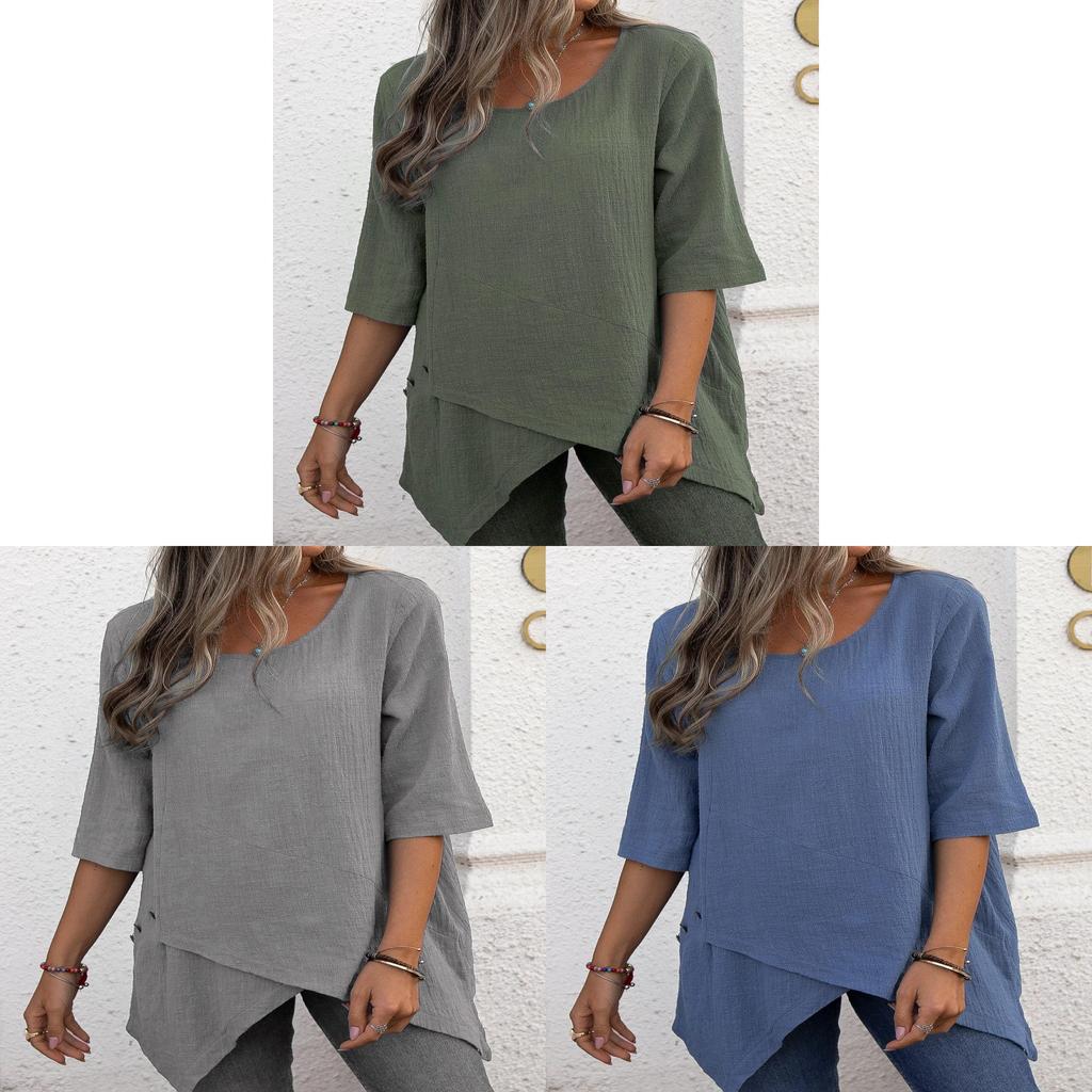 Camicia in Cotone e Lino Stile Bohémien Vestibilità Larga con Design Irregolare per Abbigliamento Casual Primaverile