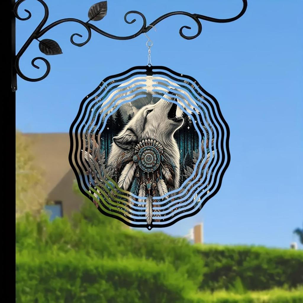 Howling Wolf Wind Spinner 10 Inch 2D Laser Cut Metal Art Decor 360 Rotating Hook for Outdoor Indoor Garden Yard Rustic Home Gift