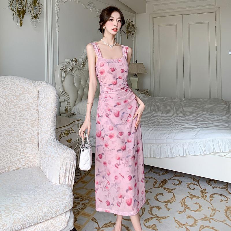 Spring Summer Floral Mesh Spaghetti Strap Maxi Dress for Women