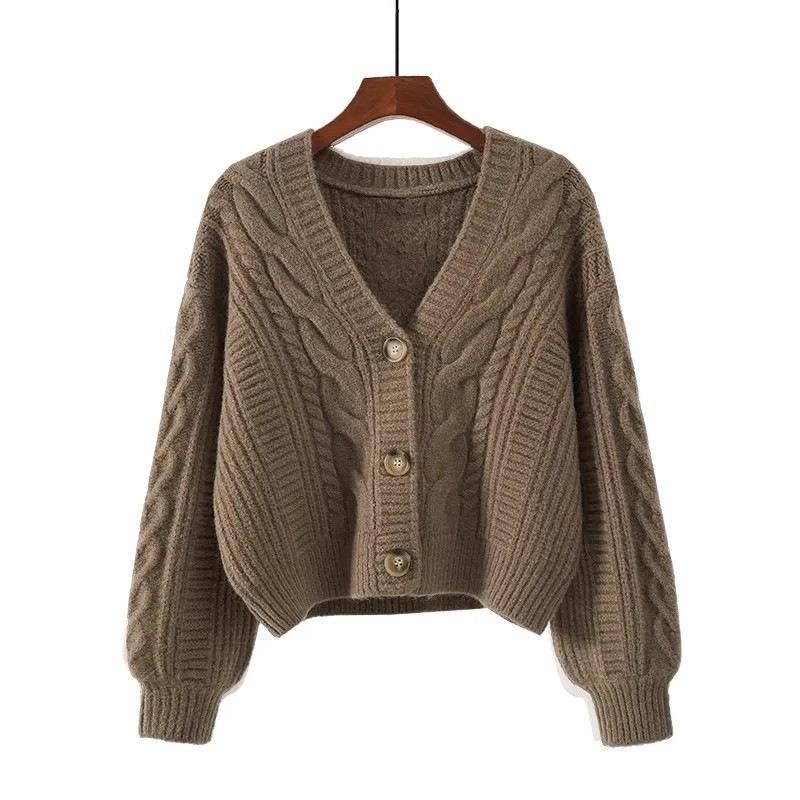 Suéter Holgado de Punto Trenzado Estilo Coreano para Mujer con Cuello en V - Cárdigan Retro para Otoño/Invierno