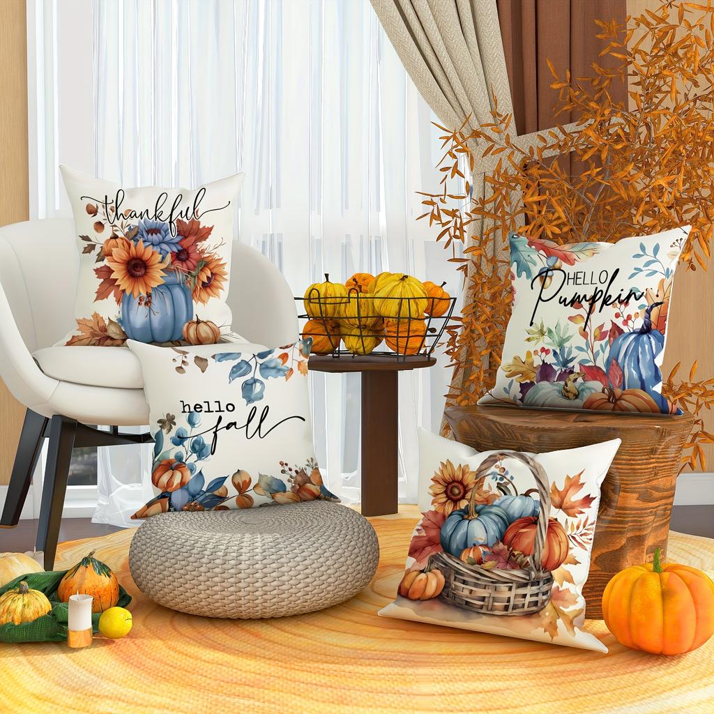4PCS Polyester Fall Thanksgiving Throw Pillow Covers - Bright Pumpkin, Sunflower, Maple Leaf Patterns - Soft, Durable, Farmhouse Country Harvest Decor