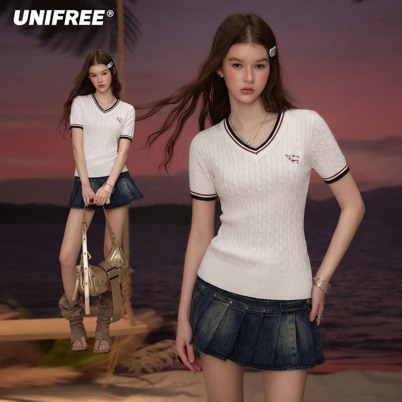 UNIFREE Women s V-Neck Color Block Knitted Tee One Size