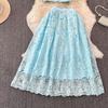 Summer Women Luxury Mesh Embroidery Flower Set Single Breasted Beading Pockets Top Shirt + Zipper Long Skirt Two Pieces Suits