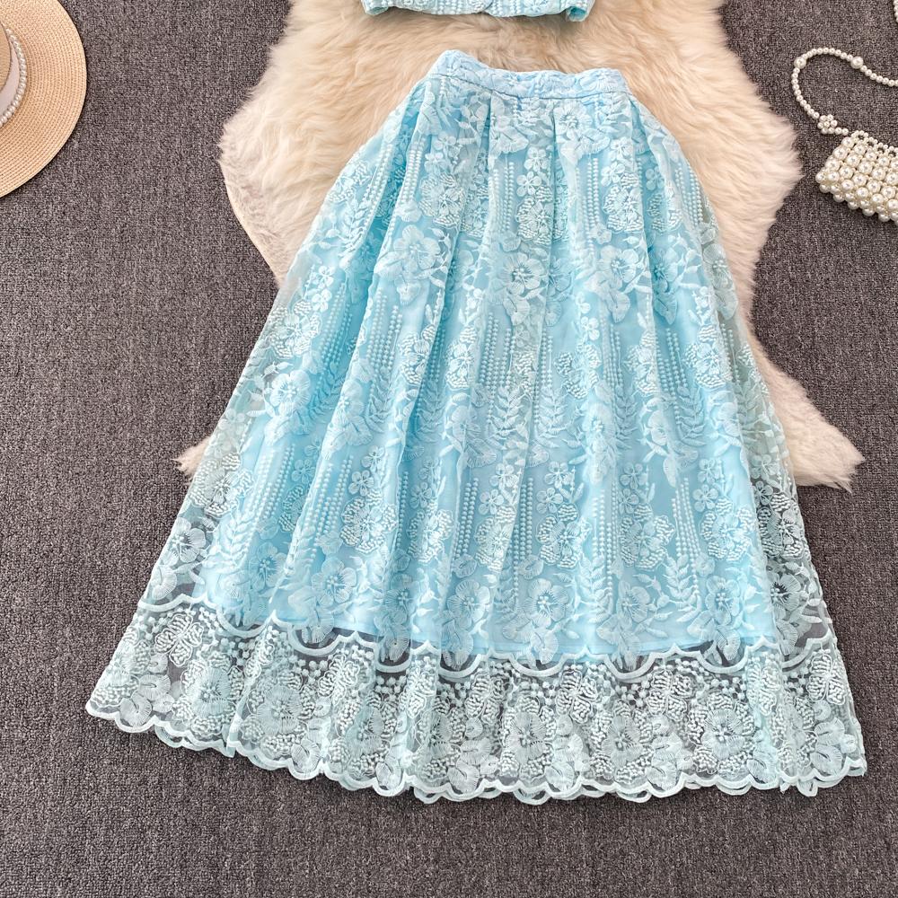 Summer Women Luxury Mesh Embroidery Flower Set Single Breasted Beading Pockets Top Shirt + Zipper Long Skirt Two Pieces Suits