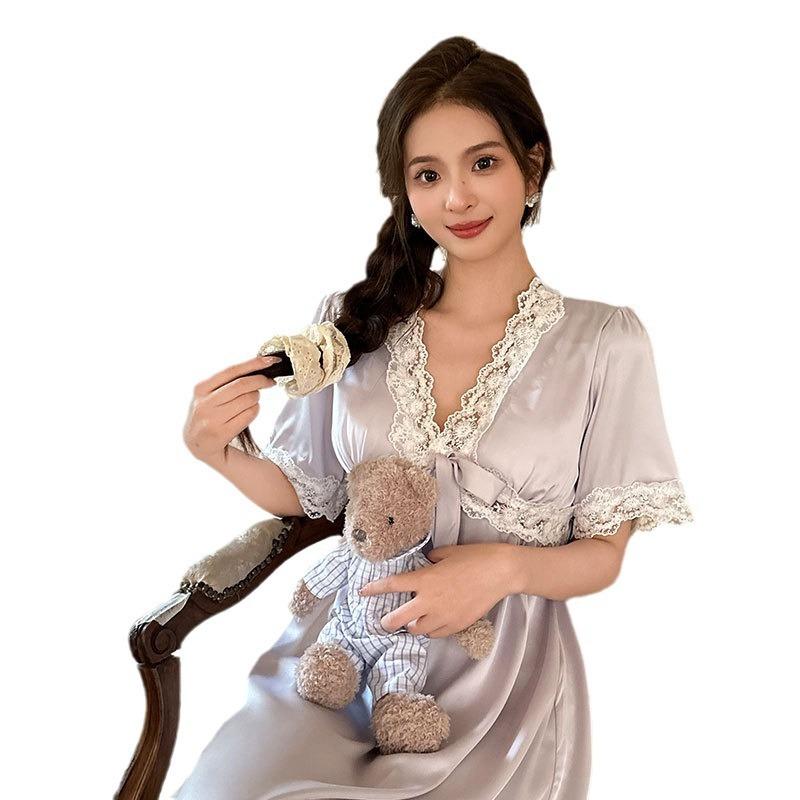 Sexy nightgown women's ice silk summer new V-neck lace pure desire wind medium and long pajamas loungewear can be worn outside