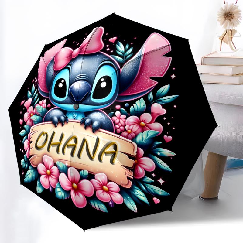 1pc Sturdy 8-Bone Auto Umbrella, Girl With Stitch Floral Pastel Umbrella, Digital Printed, Foldable Umbrella for On-the-Go Outdoor Use