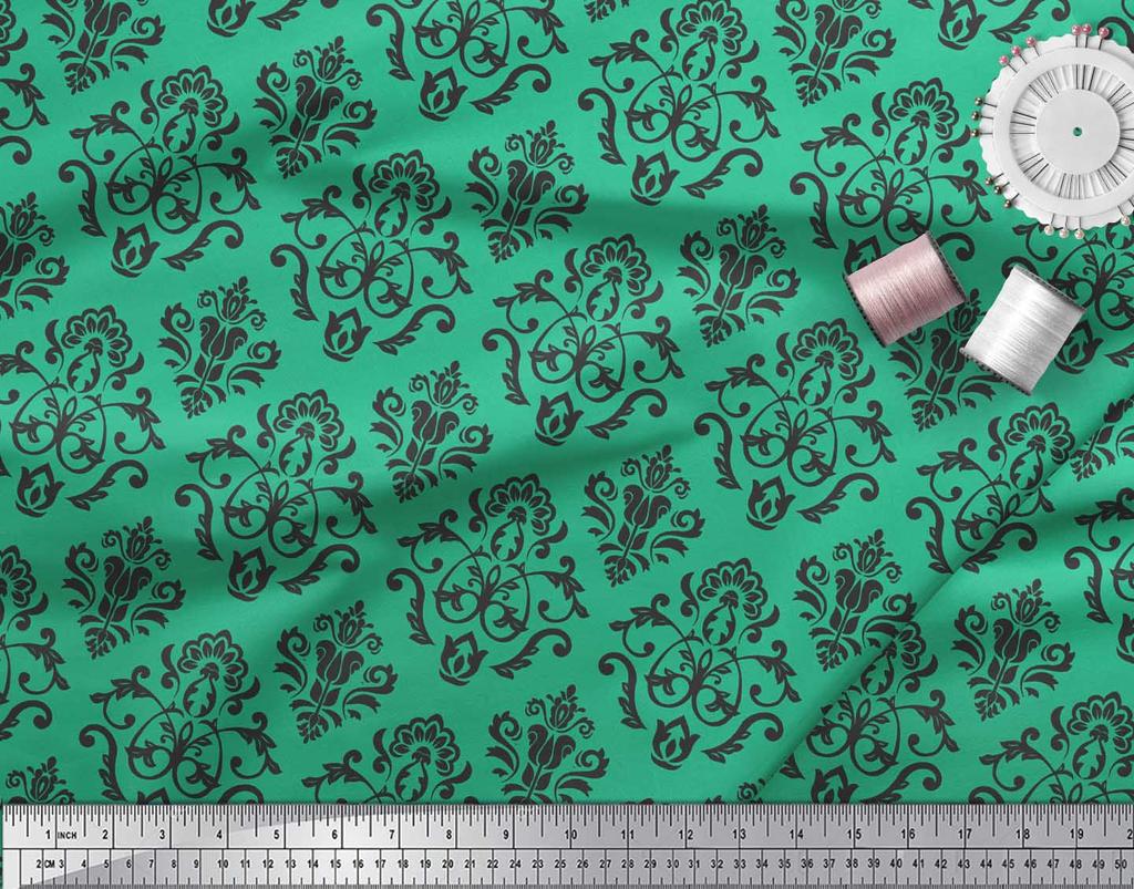 Купити Soimoi Blue Poly Crepe Fabric Flourish Damask Print Тканина