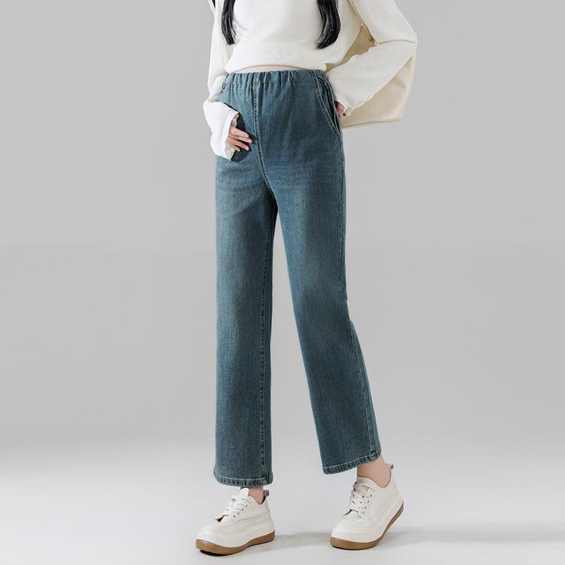 High-Quality Stretch Maternity Cropped Jeans - 2026 Spring/Autumn, Drawstring Waist, Belly Pocket, Straight Leg Pants 2XL