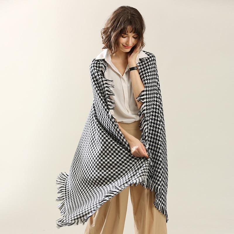 Inner Mongolia Houndstooth Wool Shawl: Dual-Use Long Tassel Scarf for Women - Autumn/Winter Collection.