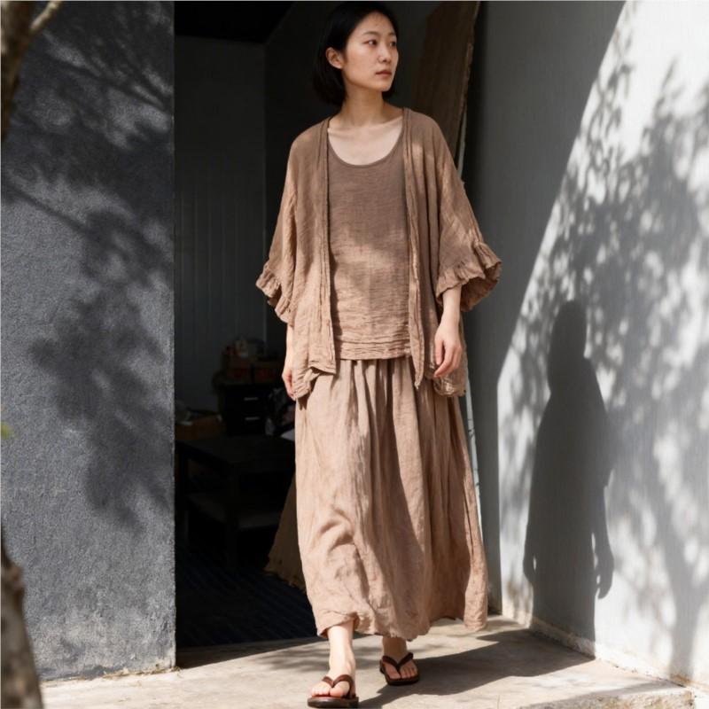 Johnature Women Shirts Summer Chinese Style Solid Color Tops Soft Butterfly Sleeve Female Blouses