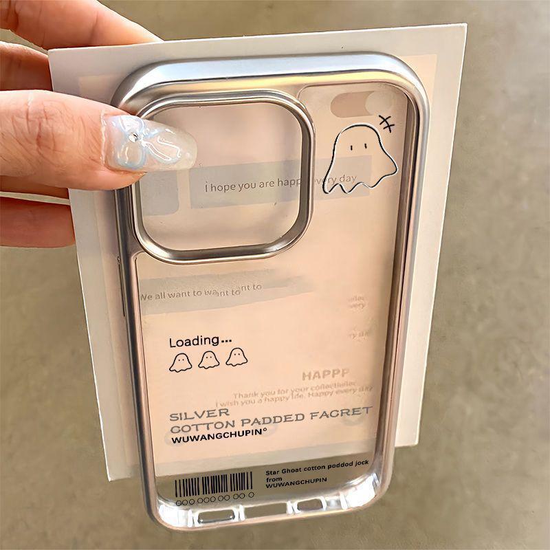 English Little Ghost Electroplated Transparent Phone Case for iPhone 13, 14 New Pro, 15, and 16 Max