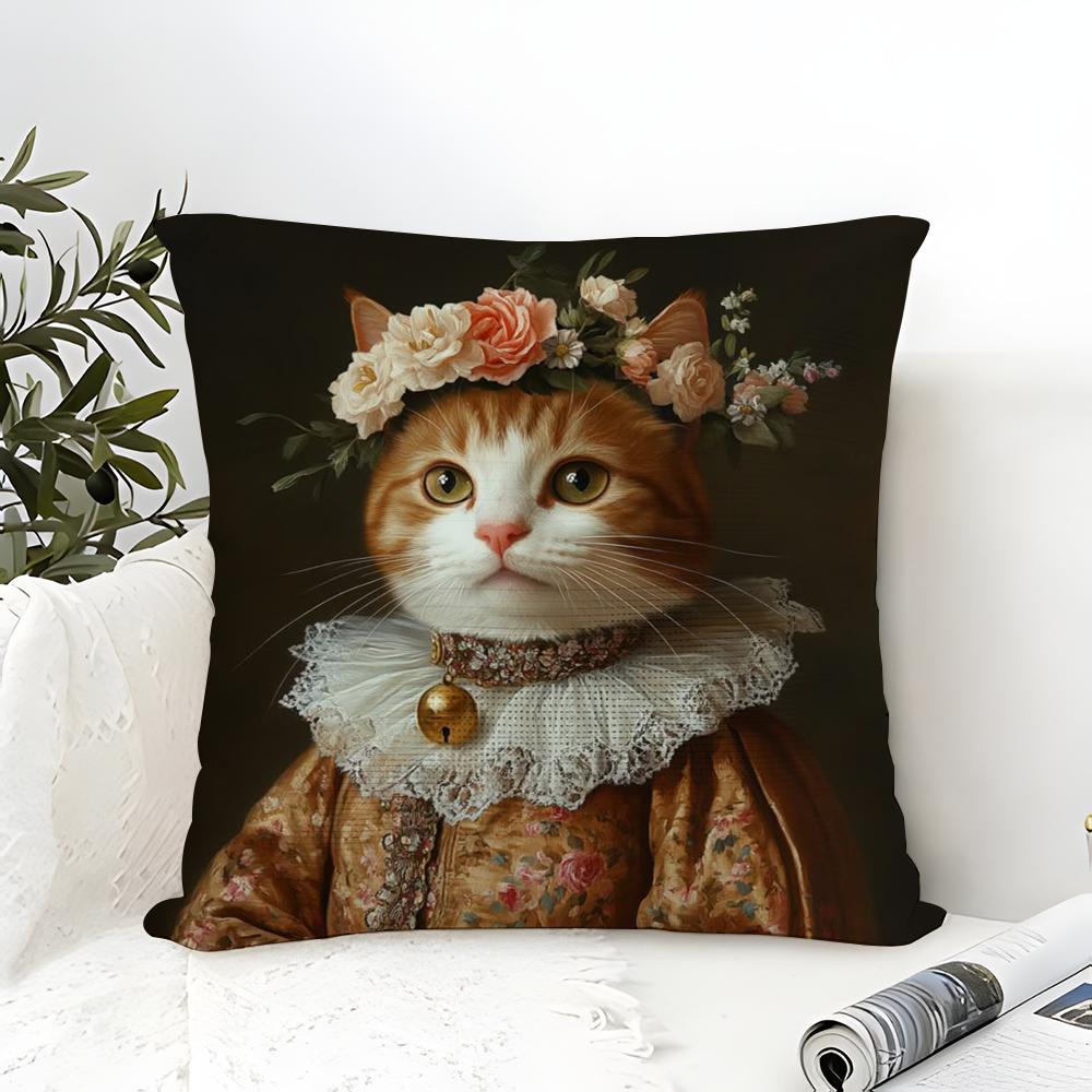 Renaissance Royal Cat Funny Pillow Case Cotton Linen Fabric Square Zipper Pillowcase Home Decorative Living Room