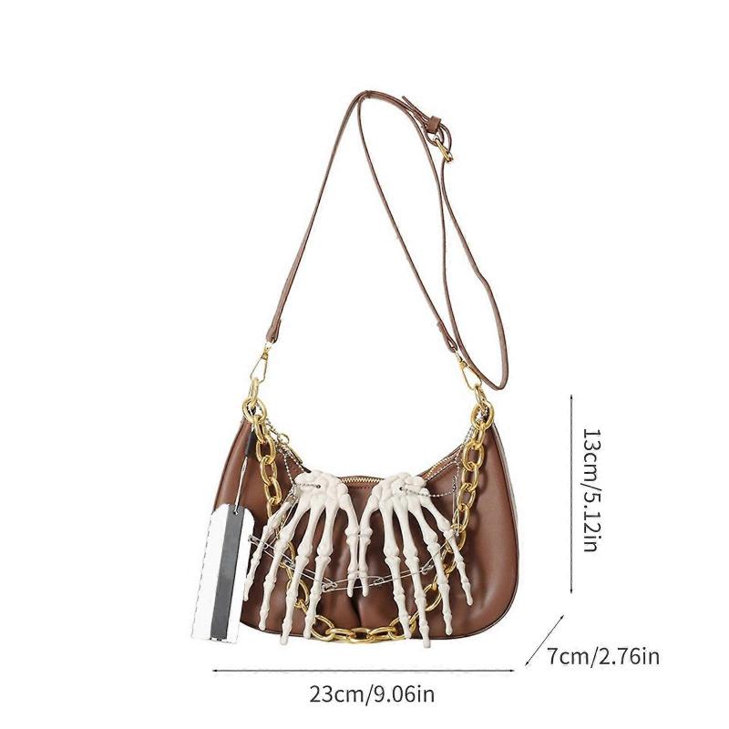 Damska punkowa torba pod pachę ze skóry PU z metalowym łańcuchem, wisiorkiem w kształcie kości szkieletu, torba typu dumpling, torba crossbody na ramię, torebka, jasnobrązowa