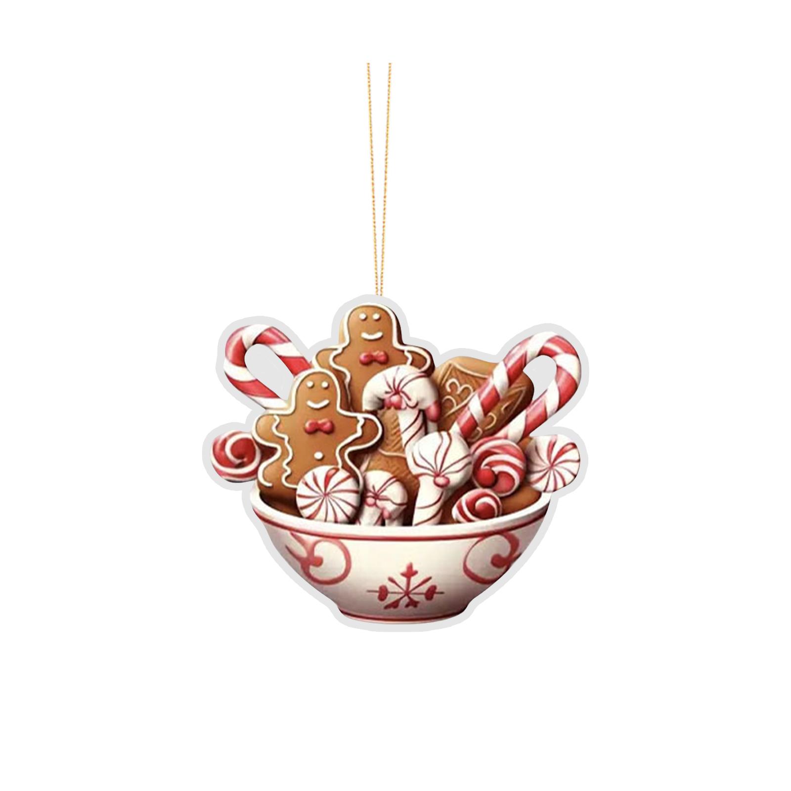 

2D Плоский Акриловый Подвесной Кулон в виде Чаши с Пряничным Человечком и Леденцом, Рождественская Вечеринка, Праздничное Украшение, Зеркало Заднего Вида Автомобиля One Size