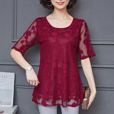 Summer Long Lace Shirt Dot Women's Clothing Short Sleeve Blouse Shirts Women Tops Mesh Transparent Ladies Tops
