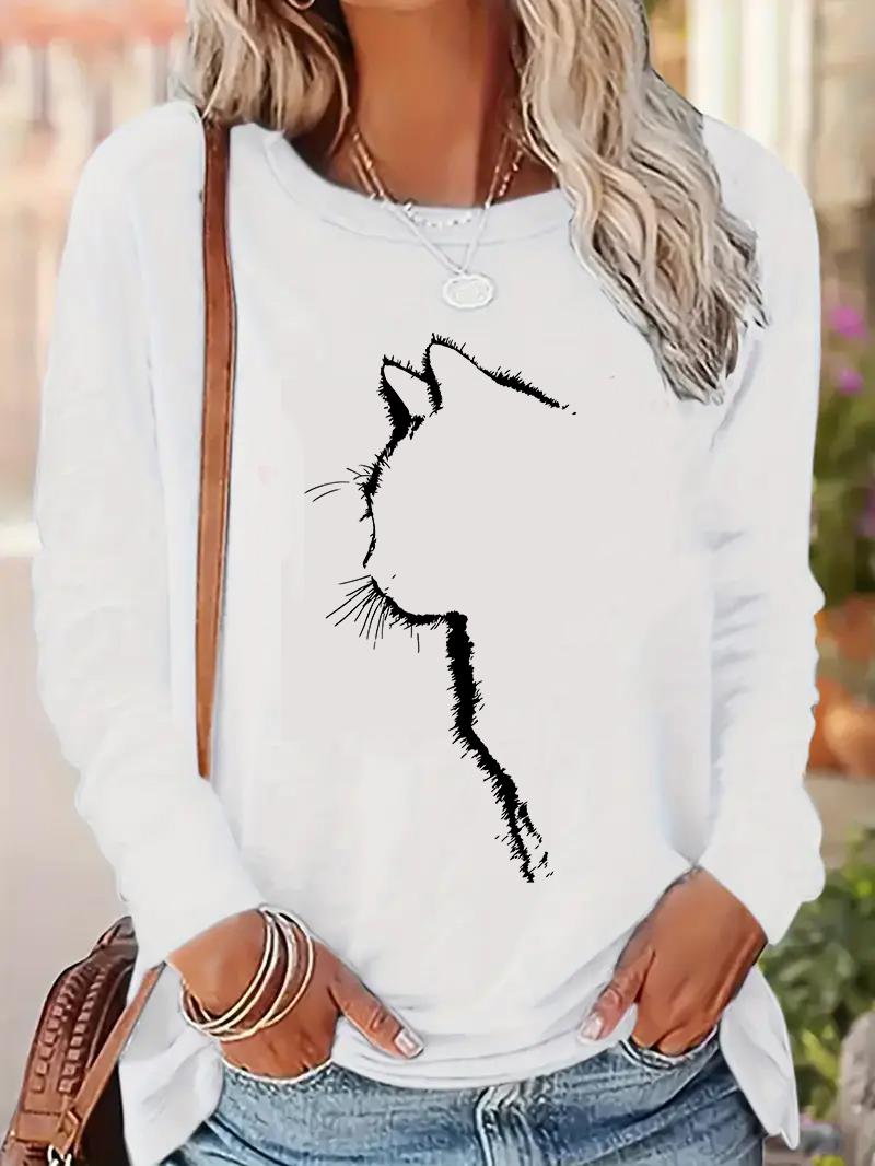 Casual Kawaii Cat Print Fashion Print Long Sleeve Shirt Vintage T Shirt Women s Print T-Shirt Crew Neck Top Tee Tshirt S