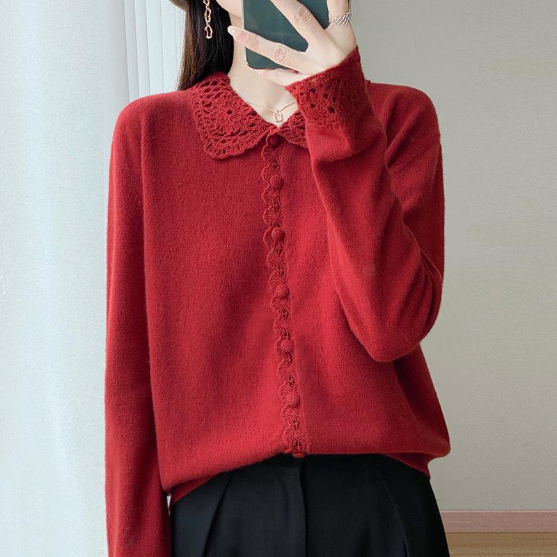 2026 Spring/Autumn Women's Crochet Lace Collar Mercerized Wool Cardigan, Machine Washable Knit Jacket.