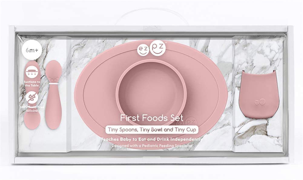 Ezpz Fast Food Set Baby Tableware Baby Food Tableware Silicone Suction Rose Pink [Non-spill Set] Set, Mat, Plate, Spoon, Cup, Cup,