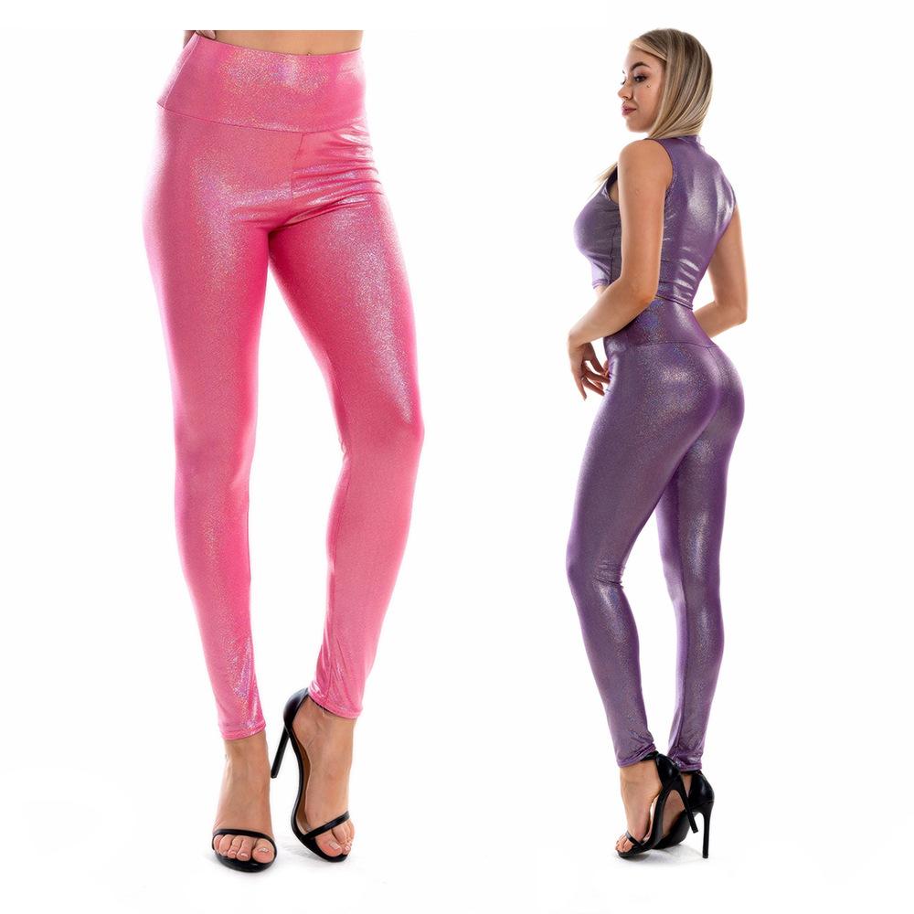 Kadın Parlak Metalik Tayt Seksi Yüksek Bel Elastik Skinny Pantolon Disko Pantolonu