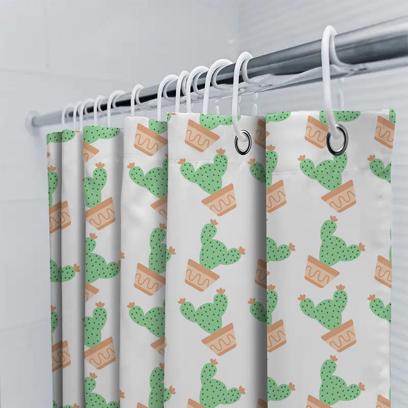 Green Cactus Plant Pattern Shower Curtain Waterproof Fabric Decorative Bathroom Accessories Cute Flower Garden Design (White Gre