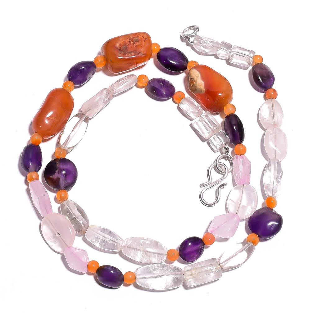 Natural Carnelian Rose Quartz Amethyst Gemstone Smooth Beads Necklace 17" UB4346 UB-4346