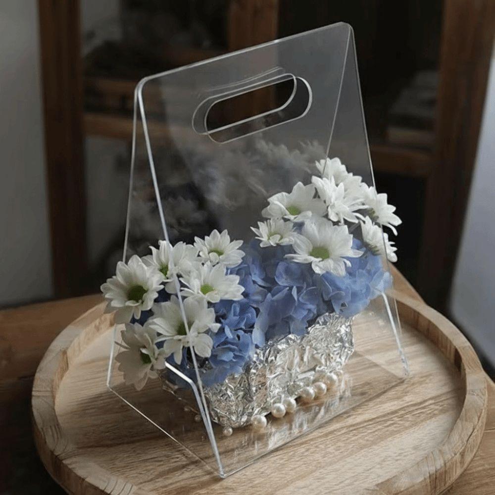 Acrylic Handheld Flower Box Transparent Reusable Gift Wrapping Bags Decorative Vase with Handles Handbag For Bridesmaid Wedding