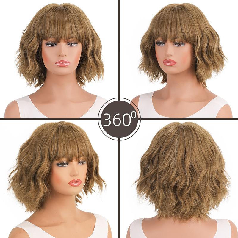Women Short Fluffy Blond Wig Synthetic Wavy Wigs Stylish Golden Brown Hair with Bangs for Daily Party Cosplay Heat Resistant Fibre