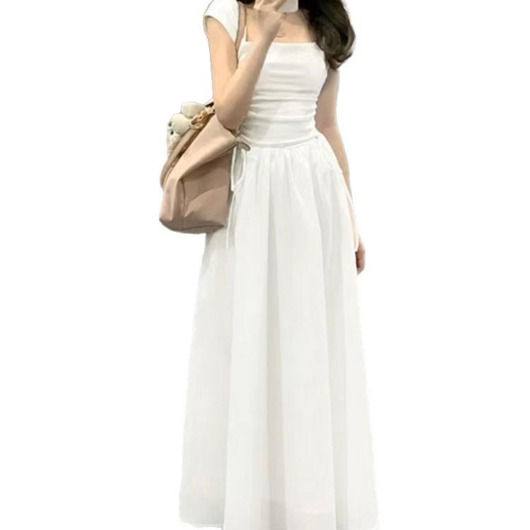 Blue square neck suspender dress women's summer new splicing skirt high-end waist and thin dress