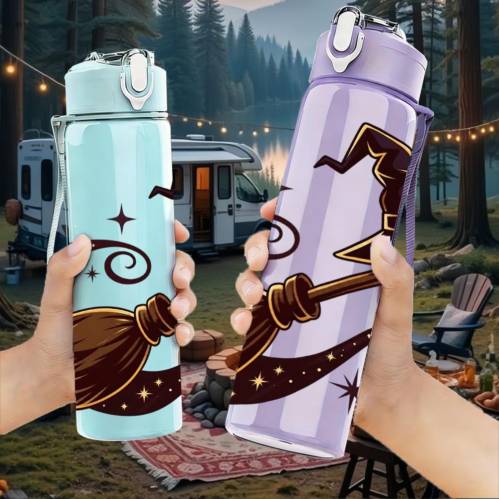 1PC Vintage Flying Witch Broom Hat Print 750ml Color Plastic Sports Water Bottle Leakproof Flip Straw Lid Suitable for Sports Office Home Use