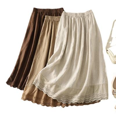 Real Shot Summer New Literary Loose Splicing Lace Elastic Waist Skirt Women's Medium Length