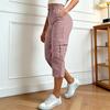 Women Cropped Pants Elastic High Waist Straight Leg Cargo Pants with Pockets Summer Casual Pants Versatile Wear