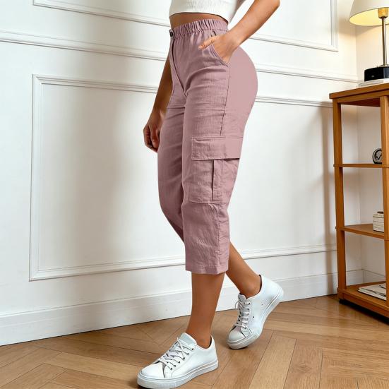 Women Cropped Pants Elastic High Waist Straight Leg Cargo Pants with Pockets Summer Casual Pants Versatile Wear