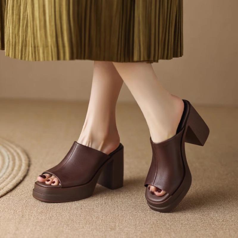 2025 Women Genuine  Shoes Peep Toe Platform Chunky High Heel Slides Ladies Fashion Casual Slippers Summer Spring Brown