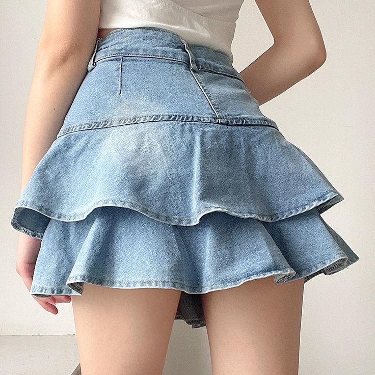 DEEPTOWN Vintage Denim Skirt Shorts Women Summer Korean Fashion High Waist A-line Slim Cute Sexy Mini Jean Ruffle Skirt Female