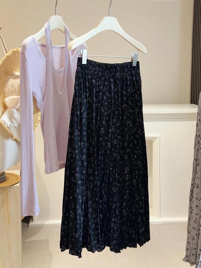 Korean Style Floral Print A-line Midi Skirt with Elastic Waist for Women - Spring 2026 Arrival