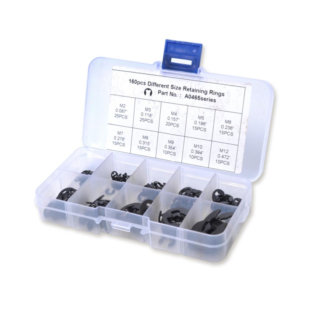 160pcs Assortment Pack E-Clip Assortment Kit Metallic Finish Circlip Snap Ring Set  For Axles Shaft